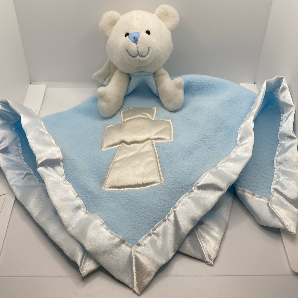Baby Boom Angel Wings Blue Lovey Bear Cross White Satin Trim Security Blanket